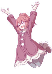 Rule 34 | 1girl, anna (fire emblem), arms up, brown footwear, closed eyes, dress, fire emblem, fire emblem engage, full body, hair between eyes, highres, jumping, long dress, long hair, long sleeves, minamonochaba, nintendo, official alternate costume, open mouth, ponytail, red dress, red hair, solo, white background
