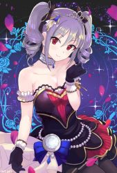 Rule 34 | 1girl, alternate color, ashita (2010), bad id, bad twitter id, bare shoulders, black gloves, breasts, choker, cleavage, commentary request, dress, drill hair, gloves, idolmaster, idolmaster cinderella girls, idolmaster cinderella girls starlight stage, kanzaki ranko, long hair, looking at viewer, pocket watch, red eyes, silver hair, smile, solo, starry sky bright, tiara, twin drills, twintails, watch
