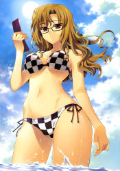 Rule 34 | 1girl, absurdres, bare shoulders, bikini, blue sky, breasts, brown eyes, brown hair, cellphone, checkered bikini, checkered clothes, cleavage, cloud, collarbone, day, expressionless, female focus, fingernails, floating hair, fujima takuya, glasses, groin, highres, hip focus, holding, kiryuu moeka, large breasts, long hair, long image, looking at viewer, navel, ocean, outdoors, parted lips, phone, shade, shiny skin, side-tie bikini bottom, sky, solo, steins;gate, sun, swimsuit, tall image, thigh gap, thighs, underboob, wading, water, wavy hair, wet, wind