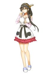 Rule 34 | 1girl, alternate costume, apron, black hair, commentary, cosplay, hair between eyes, hair ornament, hairclip, haruna (kancolle), headgear, kantai collection, kongou (kancolle) (cosplay), kyougoku touya, long hair, looking at viewer, orange eyes, simple background, sleeveless, slippers, solo, white background