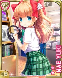 Rule 34 | 1girl, blue eyes, bow, bowtie, brown hair, card (medium), character name, clenched hand, closed mouth, determined, from behind, girlfriend (kari), green bow, green skirt, headphones, long hair, official art, plaid, plaid skirt, qp:flapper, record store, red bow, ribbon, school uniform, shirt, shop, skirt, smile, solo, v-shaped eyebrows, white shirt, wooden floor, yuuki nae