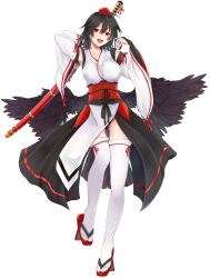 1girl 2a2hs absurdres bird_wings black_bridal_gauntlets black_hair black_kimono black_panties black_skirt black_wings bridal_gauntlets commentary_request detached_sleeves feathered_wings full_body geta hat highres japanese_clothes kimono kourindou_tengu_costume long_sleeves obi panties pelvic_curtain red_eyes red_hat red_sandals red_sash sandals sash shameimaru_aya short_hair skirt sleeveless sleeveless_kimono solo sword tengu-geta thighhighs tokin_hat touhou underwear weapon white_kimono white_sleeves white_thighhighs wide_sleeves wings