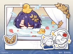 Rule 34 | 1boy, bathing, bathtub, blue hair, chibi, chinese commentary, chinese text, closed eyes, copyright name, covered mouth, dr. ratio (honkai: star rail), eyeliner, flower, hair between eyes, honkai: star rail, honkai (series), in water, logo, makeup, male focus, mask, official art, red eyeliner, red flower, red rose, rose, rubber duck, solo, star (symbol), statue, water