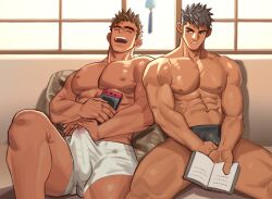 Rule 34 | 2boys, abs, bara, black male underwear, book, boxers, bulge, couple, dark-skinned male, dark skin, drooling, erection, erection under clothes, feet out of frame, handheld game console, holding, holding book, holding handheld game console, large pectorals, male focus, male underwear, mature male, multiple boys, muscular, muscular male, navel, nipples, original, pectorals, precum, precum through clothes, short hair, side-by-side, sideburns, sideways glance, sitting, sleeping, thick eyebrows, thick thighs, thighs, topless male, underwear, underwear only, wet, wet clothes, wet male underwear, white male underwear, window, yaoi, youchi123