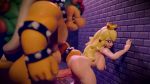 Rule 34 | 1boy, 1girl, 3d, against wall, akkoarcade, animated, ass, back, blonde hair, bowser, breasts, crown, hetero, highres, horns, jewelry, large breasts, long hair, looking back, mario (series), nintendo, nipples, nude, penis, princess peach, red hair, sex, size difference, super mario bros. 1, thick thighs, thighs, uncensored, video