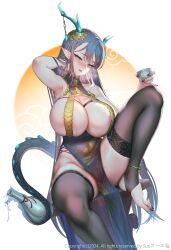 Rule 34 | 1girl, anklet, areola slip, armpits, artist name, bare arms, bare shoulders, black thighhighs, blue dress, blue eyes, blue hair, blue horns, blue nails, blush, bottle, breasts, breath, choko (cup), commentary, commentary request, copyright notice, cup, dated commentary, dragon girl, dragon horns, dragon print, dragon tail, dress, english commentary, fang, feet, fingernails, foot out of frame, half-closed eyes, hand in own hair, highres, holding, holding cup, holding with tail, horn ornament, horns, jewelry, knee up, large breasts, long fingernails, long hair, long toenails, looking at viewer, mixed-language commentary, mole, mole on thigh, mole under mouth, nail polish, no shoes, on table, original, parted lips, pelvic curtain, pointy ears, prehensile tail, revealing clothes, sake bottle, scales, sitting, sleeveless, sleeveless dress, stirrup legwear, suerte, table, tail, thighhighs, toeless legwear, toenails, very long hair, white background