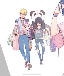 Rule 34 | 10s, 2boys, bag, cat, close-up, darling in the franxx, denim, closed eyes, glasses, gorgeous mushroom, gorou (darling in the franxx), hiro (darling in the franxx), jeans, male focus, multiple boys, pants, shopping bag, simple background, tears, torn clothes, torn jeans, torn pants, watermark, white background, unfinished