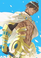Rule 34 | 1boy, ahoge, armor, bad id, bad pixiv id, bare pectorals, brown hair, cape, dark-skinned male, dark skin, earrings, fate (series), highres, iroha (akei0710), jewelry, looking at viewer, male focus, manly, ozymandias (fate), pectorals, petals, shrug (clothing), simple background, smile, solo, topless male, yellow eyes