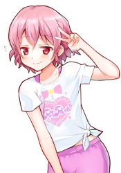 Rule 34 | 1boy, blush, braid, clothes writing, commentary, reona west, male focus, mole, mole under eye, okiru, pink hair, pink shorts, pretty series, pripara, red eyes, shirt, short hair, shorts, simple background, smile, solo, t-shirt, tied shirt, trap, v, white background