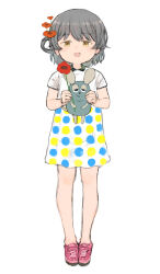 Rule 34 | 1girl, alternate costume, alternate eye color, animal, asasow, blue dress, character request, collared dress, commentary request, copyright request, dress, flower, flower request, full body, grey hair, hair flower, hair ornament, hatoba tsugu, highres, holding, holding animal, medium hair, mouse (animal), multicolored clothes, multicolored dress, pink footwear, polka dot, polka dot dress, red flower, shoes, short sleeves, simple background, single hair ring, smile, sneakers, solo, standing, tsugu (vtuber), virtual youtuber, white background, white dress, yellow dress, yellow eyes