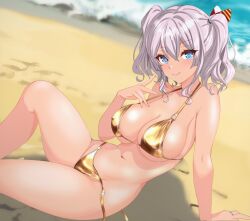 Rule 34 | 1girl, arm support, beach, bikini, blue eyes, breasts, commentary request, from side, gold bikini, grey hair, hair between eyes, hair ribbon, halterneck, hand up, highres, kantai collection, kashima (kancolle), knee up, large breasts, long hair, looking at viewer, navel, nitamako (sakamalh), ocean, open mouth, outdoors, reclining, ribbon, side-tie bikini bottom, sidelocks, sitting, solo, stomach, swimsuit, tan, twintails, untied bikini, untied bikini bottom, variant set, wavy hair
