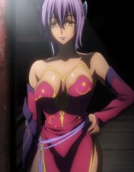 Rule 34 | 1girl, bare shoulders, breasts, bridal gauntlets, cleavage, elbow gloves, gloves, hair ornament, hand on own hip, highres, lipstick, makeup, matsunaga hisahide (oda nobuna no yabou), mole, oda nobuna no yabou, purple hair, screencap, short hair, side slit, solo, standing, stitched, third-party edit, yellow eyes