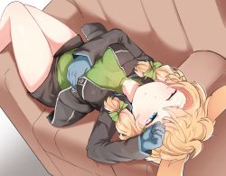 Rule 34 | 1girl, ahoge, animal ears, arknights, bare legs, black jacket, blue eyes, blue gloves, blush, bow, breasts, closed mouth, couch, feet out of frame, from above, gloves, gradient background, green bow, green shirt, hair bow, hand on own stomach, hand up, highres, jacket, k0ng, kroos (arknights), long hair, looking up, lying, medium breasts, on back, one eye closed, open clothes, open jacket, rabbit ears, shirt, solo, thighs
