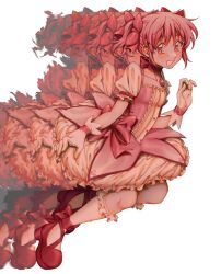 Rule 34 | 1girl, absurdres, afterimage, bow, commentary, dress, dress bow, english commentary, frilled dress, frilled socks, frills, full body, gloves, goomyloid, hair bow, highres, kaname madoka, kneehighs, looking at viewer, magical girl, mahou shoujo madoka magica, mahou shoujo madoka magica (anime), open mouth, pink bow, pink dress, pink eyes, pink hair, pink ribbon, puffy short sleeves, puffy sleeves, red footwear, ribbon, short sleeves, simple background, socks, soul gem, twintails, white background, white gloves, white socks