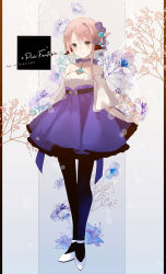 Rule 34 | 1girl, bare shoulders, black pantyhose, blue flower, blue skirt, blush, breasts, brown eyes, brown hair, choker, closed mouth, collarbone, commentary request, copyright name, detached sleeves, floral background, flower, full body, hair between eyes, hair flower, hair ornament, highres, pantyhose, pixiv fantasia, pixiv fantasia age of starlight, pleated skirt, purple choker, shirt, shoes, short hair with long locks, short sleeves, sidelocks, skirt, small breasts, smile, solo, standing, white footwear, white shirt, white sleeves, yuzuyomogi