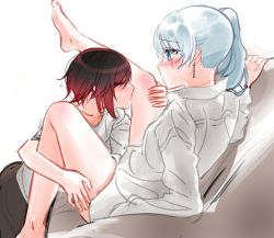 Rule 34 | 2girls, bad deviantart id, bad id, barefoot, black hair, blue eyes, blush, closed eyes, collared shirt, eyes visible through hair, hands on own hips, hands on legs, kiss, multicolored hair, multiple girls, ndgd, red hair, ruby rose, rwby, scar, scar across eye, scar on face, shirt, short hair, silver hair, simple background, weiss schnee, white background, yuri