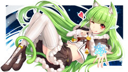 Rule 34 | 1girl, ;q, animal ears, bell, belt, bison cangshu, black footwear, boots, bow, buckle, capelet, cat ears, cat tail, cross-laced footwear, eyebrows, finger to mouth, full body, green hair, heart, highres, index finger raised, lace-up boots, long hair, long sleeves, looking at viewer, midriff, miniskirt, moegirlpedia-tan, one eye closed, os-tan, outstretched arm, red eyes, ribbed legwear, ribbed sweater, ribbon, shirt, shoes, skirt, snowflakes, solo, striped ribbon, sweater, tail, thighhighs, tongue, tongue out, very long hair, white shirt, white thighhighs, yellow bow