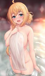 Rule 34 | 1girl, ahoge, arm between breasts, bathing, between breasts, blonde hair, blue eyes, blurry, blurry background, blush, braid, breasts, collarbone, covered erect nipples, covering privates, cowboy shot, hair bun, hair over shoulder, highres, holding, holding towel, large breasts, long hair, myuu (arisumeria), naked towel, nude, nude cover, onsen, open mouth, partially submerged, pecorine (princess connect!), princess connect!, sideboob, sidelocks, smile, solo, standing, thighs, towel, wading, water, wet, wet hair, white towel