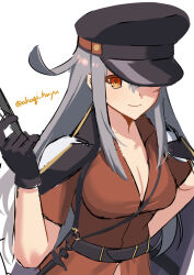 Rule 34 | 1girl, akagi kurage, black hat, breasts, cleavage, dress shirt, gangut (kancolle), gangut dva (kancolle), grey hair, hat, highres, jacket, jacket on shoulders, kantai collection, large breasts, long hair, military uniform, one-hour drawing challenge, peaked cap, red eyes, red shirt, shirt, simple background, smile, solo, uniform, upper body, white background, white jacket