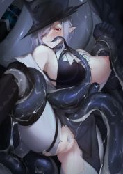 Rule 34 | 1girl, absurdres, arknights, ascot, black gloves, black hat, black shirt, blush, breasts, censored, covered erect nipples, female pubic hair, gladiia (arknights), gloves, gluteal fold, grey hair, hair over one eye, hat, highres, large breasts, looking at viewer, mosaic censoring, nipples, one breast out, pantyhose, pointy ears, pubic hair, pussy, red eyes, sadiwosan, shirt, sideboob, sleeveless, sleeveless shirt, solo, spread legs, tentacles, torn clothes, white ascot, white pantyhose