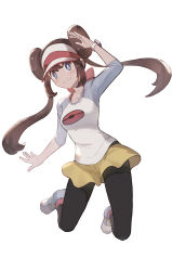 Rule 34 | 1girl, absurdres, arm up, black leggings, blush, bright pupils, brown hair, brown pantyhose, closed mouth, commentary request, creatures (company), doughnut hair bun, floating hair, game freak, grey eyes, hair between eyes, hair bun, highres, leggings, leggings under shorts, looking at viewer, nintendo, odd (hin yari), pantyhose, pokemon, pokemon bw2, raglan sleeves, rosa (pokemon), shirt, shoes, short shorts, shorts, sidelocks, simple background, smile, sneakers, solo, twintails, two-tone headwear, visor cap, white background, yellow shorts