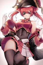 Rule 34 | 1girl, arrow through heart, ascot, bare shoulders, belt, bicorne, black coat, black hat, black thighhighs, blush, breasts, brooch, brown belt, buttons, closed mouth, coat, commentary, covered navel, cowboy shot, cropped jacket, embroidery, eyepatch, gloves, gold trim, hair between eyes, hair ribbon, hat, highres, hololive, houshou marine, jacket, jewelry, leotard, leotard peek, leotard under clothes, long hair, looking at viewer, medium breasts, miniskirt, multicolored coat, netural, off shoulder, pleated skirt, red ascot, red eyes, red hair, red jacket, red ribbon, red skirt, ribbon, sidelocks, simple background, skindentation, skirt, sleeveless, sleeveless jacket, solo, standing, standing on one leg, stomach, thighhighs, twintails, two-tone coat, two-tone skirt, upskirt, virtual youtuber, w arms, white background, white gloves, zettai ryouiki