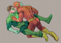 Rule 34 | 2boys, artist name, ass, bara, barry allen, bodysuit, boots, brown hair, closed mouth, couple, dc comics, evinist, gloves, green bodysuit, green lantern, green lantern (series), grey background, hal jordan, jewelry, large pectorals, male focus, mask, multiple boys, muscular, muscular male, pectorals, red bodysuit, ring, short hair, simple background, smile, the flash, the flash (series), yaoi