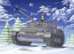Rule 34 | 1girl, absurdres, artist request, brown eyes, brown hair, caterpillar tracks, cloud, commentary request, day, girls und panzer, highres, military, military vehicle, motor vehicle, nishizumi miho, ooarai military uniform, panzer iv, panzer iv, short hair, sky, smile, snow, tank, tree