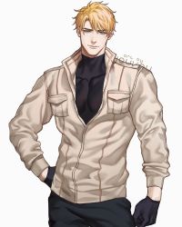 Rule 34 | 1boy, artist name, blonde hair, blue eyes, commission, gloves, highres, jacket, jouvru, looking at viewer, male focus, muscular, muscular male, original, pants, pectoral cleavage, pectorals, shirt, solo, t-shirt