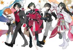 Rule 34 | 1girl, 4boys, arm behind back, arm up, armor, balloon, belt, belt pouch, black belt, black cape, black footwear, black gloves, black hair, black jacket, black necktie, black pants, black shirt, black skirt, black suit, blue eyes, boots, cape, chaldea uniform, chest harness, cloak, cloth, collared shirt, confetti, constantine xi (fate), earrings, fate/grand order, fate (series), faulds, formal, fujimaru ritsuka (female), fujimaru ritsuka (male), fujimaru ritsuka (male) (polar chaldea uniform), full body, gloves, grey eyes, grey pants, grin, hair between eyes, hair ornament, hair scrunchie, halo, harness, holding, holding balloon, holding sword, holding weapon, horse, jacket, jewelry, kitada, knee boots, knees together feet apart, long hair, long sleeves, looking at another, looking at viewer, medium hair, multiple boys, multiple persona, necktie, open clothes, open jacket, orange hair, outstretched hand, pants, pantyhose, parted lips, poleyn, popped collar, pouch, profile, red armor, red gloves, red tunic, red vest, reins, scrunchie, shirt, short hair, side cape, side ponytail, skirt, smile, sparkle, standing, star balloon, suit, suit jacket, sword, tunic, two-sided fabric, vest, walking, weapon, white armor, white background, white belt, white cloak, white footwear, white horse, white shirt, white tunic, yellow eyes, yellow scrunchie