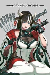 Rule 34 | 1girl, 2021, animal ears, arrow (projectile), bell, blue eyes, bow (weapon), breasts, brown hair, chinese zodiac, cleavage, commentary request, covered navel, cow ears, cow girl, cow horns, cowbell, dolce (dolsuke), fishnet thighhighs, fishnets, grey background, happy new year, horns, large breasts, leotard, multicolored hair, new year, open mouth, original, see-through, sitting, solo, streaked hair, tag, thigh strap, thighhighs, two-tone hair, weapon, white hair, yokozuwari
