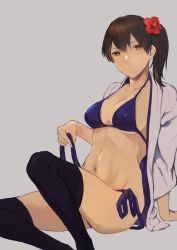 Rule 34 | 10s, 1girl, arm support, bikini, black thighhighs, blue bikini, breasts, brown hair, cleavage, closed mouth, collarbone, female focus, flower, grey background, hair between eyes, hair flower, hair ornament, hibiscus, hukazaki, jacket, japanese clothes, kaga (kancolle), kantai collection, knee up, large breasts, legs, looking at viewer, navel, neck, open clothes, open jacket, orange eyes, red flower, serious, short hair, side-tie bikini bottom, side ponytail, simple background, sitting, solo, swimsuit, thighhighs, untying, white jacket