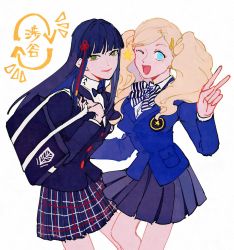 Rule 34 | 2girls, ;d, blazer, blonde hair, blue eyes, blue hair, bow, breasts, cosplay, costume switch, green eyes, hair ornament, hairclip, jacket, kosei high school uniform, long hair, looking at viewer, multiple girls, one eye closed, open mouth, persona, persona 5, plaid, plaid skirt, pleated skirt, school uniform, shenhaihua, shuujin academy school uniform, skirt, smile, striped, striped bow, takamaki anne, tougou hifumi, turtleneck, twintails, v