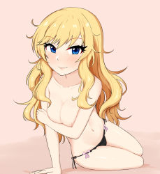 Rule 34 | 1girl, arm support, black panties, blonde hair, blue eyes, blush, bow, bow panties, breasts, breasts squeezed together, collarbone, covering privates, covering breasts, foreshortening, idolmaster, idolmaster cinderella girls, light smile, lips, long hair, looking at viewer, lying, medium breasts, messy hair, navel, nichijo, ohtsuki yui, panties, pink background, pink ribbon, ribbon, simple background, solo, topless, underwear, underwear only