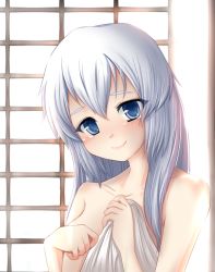 Rule 34 | 1girl, alternate hairstyle, bad id, bad pixiv id, blue eyes, blush, covering privates, female focus, hair down, long hair, looking at viewer, mononobe no futo, naked towel, nude, nude cover, silver hair, smile, solo, tama go, tears, touhou, towel, upper body