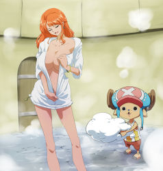 Rule 34 | 1boy, 1girl, antlers, bangle, bathhouse, bracelet, breasts, cleavage, closed eyes, cloud, contrapposto, earrings, fujimaruu, hat, highres, horns, huge breasts, jewelry, large breasts, legs, long hair, nami (one piece), no bra, one piece, open clothes, orange hair, smile, standing, steam, thighs, tony tony chopper, undressing, unzipping, wet