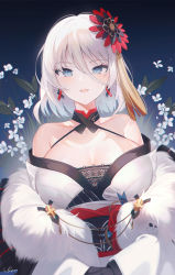 Rule 34 | 1girl, absurdres, azur lane, back bow, bad id, bad twitter id, black gloves, blue eyes, bow, breasts, choker, cleavage, criss-cross halter, earrings, fang, fangs, feather boa, flower, fur trim, gloves, hair between eyes, hair ornament, halterneck, highres, japanese clothes, jewelry, kimono, kimono dress, large breasts, looking at viewer, medium hair, obi, off shoulder, sash, skin fang, skin fangs, smile, snow is, solo, tirpitz (azur lane), tirpitz (seasonal pine and the frost flower) (azur lane), white hair, white kimono