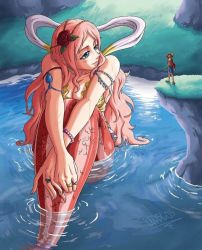 Rule 34 | 1boy, 1girl, artist name, bbdbg03, blue eyes, breasts, cleavage, flower, flower on head, giant, giantess, grass, jewelry, large breasts, long hair, mermaid, monkey d. luffy, monster girl, one piece, pink hair, ring, rose, shirahoshi, sitting, smile