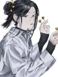 Rule 34 | 1boy, alternate hairstyle, bad id, bad twitter id, bespectacled, between fingers, black eyes, black hair, black shirt, chokeke 005, collared shirt, fingernails, from side, glasses, hair bun, hair ornament, hair stick, hands up, holding, holding nail, holding weapon, hunter x hunter, illumi zoldyck, long sleeves, looking at viewer, looking to the side, nail, parted lips, round eyewear, shirt, simple background, single hair bun, sleeves past wrists, solo, turtleneck, undershirt, upper body, weapon, white background, white shirt