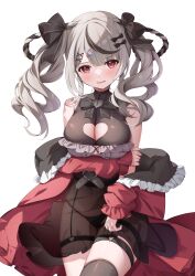Rule 34 | 1girl, absurdres, bare shoulders, breasts, cleavage, cleavage cutout, clothing cutout, grey hair, highres, hino kagutsuki, hololive, large breasts, looking at viewer, red eyes, sakamata chloe, simple background, smile, solo, twintails, virtual youtuber