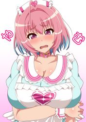 Rule 34 | 1girl, ahoge, apron, blush, breasts, cleavage, collarbone, fang, gradient background, idolmaster, idolmaster cinderella girls, ikue fuuji, large breasts, looking at viewer, open mouth, pink hair, purple eyes, solo, tears, thick eyebrows, wrist cuffs, yumemi riamu