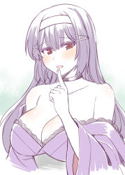 Rule 34 | bare shoulders, black hair, blush, breasts, brown eyes, character request, choker, cleavage, collarbone, finger to mouth, hair ornament, hairband, hairclip, japanese clothes, kimono, large breasts, looking at viewer, mahjong soul, muted color, nikaidou miki, off shoulder, open mouth, rui shi (rayze ray), wide hips, wide sleeves