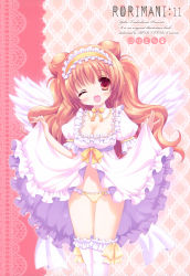 Rule 34 | 1girl, absurdres, angel, angel wings, breasts, cleavage, clothes lift, dress, dress lift, fang, feathers, flower, frilled dress, frills, hairband, highres, long hair, navel, one eye closed, open mouth, orange hair, original, panties, red eyes, short sleeves, skirt, skirt lift, smile, solo, thighhighs, tsukishima yuuko, underwear, white dress, white thighhighs, wings, wink