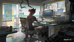 Rule 34 | 1boy, absurdres, animal ears, arknights, black footwear, black gloves, black shorts, boots, brown hair, commentary request, desk, elbow gloves, facing away, fingerless gloves, from behind, gloves, hair ribbon, highres, indoors, keyboard (computer), male focus, mimical, monitor, ponytail, red ribbon, reflection, ribbon, shorts, single elbow glove, sitting, solo, stainless (arknights), tail, topless male, window