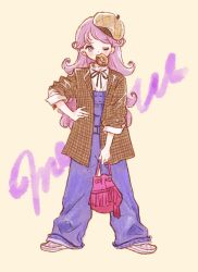 Rule 34 | 1girl, alternate costume, bag, beret, blue overalls, brown jacket, closed mouth, commentary request, doughnut, food, full body, hand on own hip, hat, highres, holding, holding bag, jacket, kiratto pri chan, long hair, long sleeves, looking at viewer, mouth hold, neck ribbon, nikki (nikipopo), one eye closed, overalls, pink bag, pretty series, purple eyes, purple hair, ribbon, shido mel, shirt, solo, standing, white shirt, yellow background