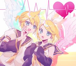 Rule 34 | 1boy, 1girl, 89 (8989 99), angel wings, ascot, bare shoulders, black sailor collar, blonde hair, blue eyes, bow, cardiogram, detached sleeves, dutch angle, electric angel (vocaloid), feathered wings, feathers, hair bow, hair ornament, hairclip, hands on own chest, heart, heart-shaped pupils, highres, kagamine len, kagamine rin, nail polish, neckerchief, necktie, pink feathers, pink wings, sailor collar, sailor shirt, shirt, short ponytail, short sleeves, single wing, sleeveless, sleeveless shirt, swept bangs, symbol-shaped pupils, upper body, vocaloid, white bow, white feathers, white shirt, white wings, wide sleeves, wings, yellow nails, yellow neckerchief