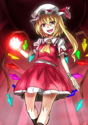 Rule 34 | &gt;:d, 1girl, :d, arm garter, ascot, blonde hair, crystal, fangs, flandre scarlet, frilled shirt collar, frills, hat, hat ribbon, looking at viewer, mimuni362, mob cap, nail polish, open mouth, puffy short sleeves, puffy sleeves, red eyes, red nails, red ribbon, red shirt, red skirt, ribbon, shirt, short sleeves, side ponytail, skirt, skirt set, smile, solo, touhou, v-shaped eyebrows, wings, wrist cuffs