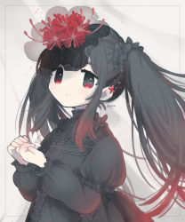 Rule 34 | 1girl, black eyes, black hair, bow, bug, butterfly, butterfly on hand, dress, earrings, expressionless, flower, flower earrings, gradient hair, hair bow, hair flower, hair ornament, highres, insect, jewelry, juliet sleeves, long sleeves, looking at viewer, multicolored eyes, multicolored hair, original, own hands together, puffy sleeves, red eyes, red hair, shamo3, solo, spider lily, twintails, two-tone hair, veil