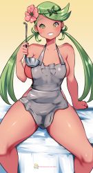 Rule 34 | 1girl, apron, bare shoulders, bed sheet, blush, collarbone, creatures (company), dark-skinned female, dark skin, flower, game freak, green eyes, green hair, grey apron, hair flower, hair ornament, highres, holding, holding ladle, kenron toqueen, ladle, long hair, looking at viewer, mallow (pokemon), naked apron, nintendo, patreon username, pink flower, pokemon, pokemon sm, sitting, smile, solo, sweat, twintails