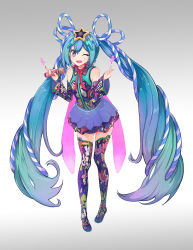 Rule 34 | 1girl, aqua hair, bare shoulders, blue skirt, chinese commentary, commentary, detached sleeves, eyulam, fang, full body, graffiti, graffiti print, hair ornament, hatsune miku, hatsune miku expo, heart, highres, holding, holding microphone, index finger raised, layered skirt, long hair, looking at viewer, microphone, neck ribbon, one eye closed, open mouth, pinky out, purple eyes, ribbon, rope, shirt, skin fang, skirt, sleeveless, sleeveless shirt, smile, solo, star (symbol), star hair ornament, thighhighs, twintails, very long hair, vocaloid, zettai ryouiki